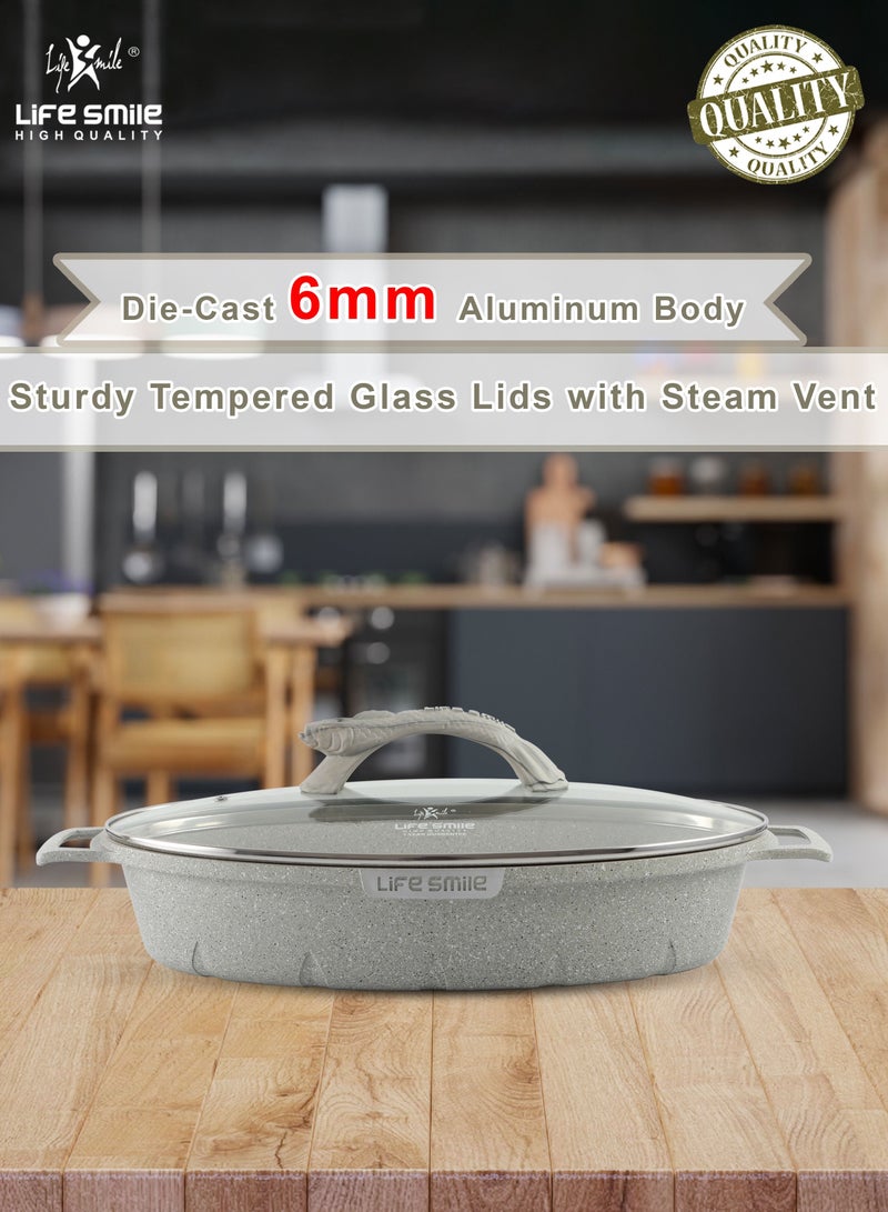 Life Smile Shallow Fish Frying Pan With lid , Granite Coating Non Stick Oval Frying pan - Fish Pan  - Image 3