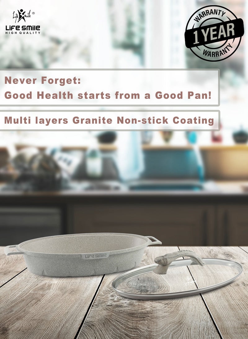 Life Smile Shallow Fish Frying Pan With lid , Granite Coating Non Stick Oval Frying pan - Fish Pan  - Image 2