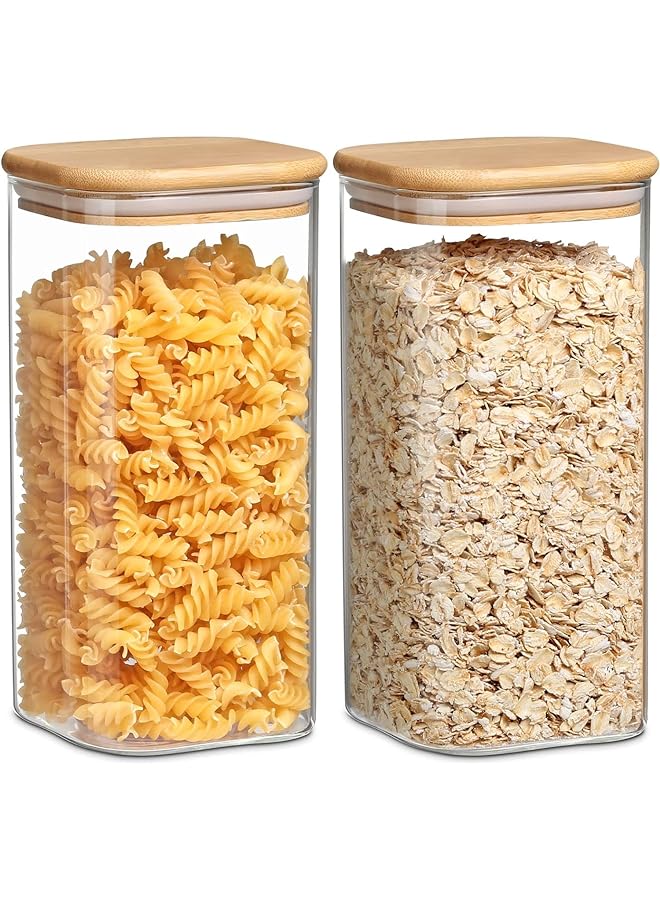 SKY-TOUCH 2Pack 1500Ml Glass Food Storage Containers With Bamboo Lid Clear Square Kitchen Container Stackable Glass Pantry Food Canisters For Kitchen Counter Candy Cookie Rice Cereal 50Oz - Image 1