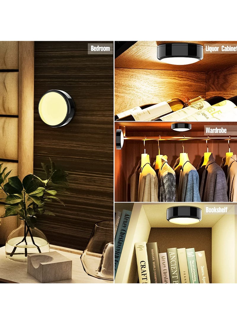 Puck Lights, 16 Colors Changeable LED Push Lights Battery Operated Upgrade Dimmable Under Cabinet Lighting Wireless Under Counter Light with 2 Remote Controls Black