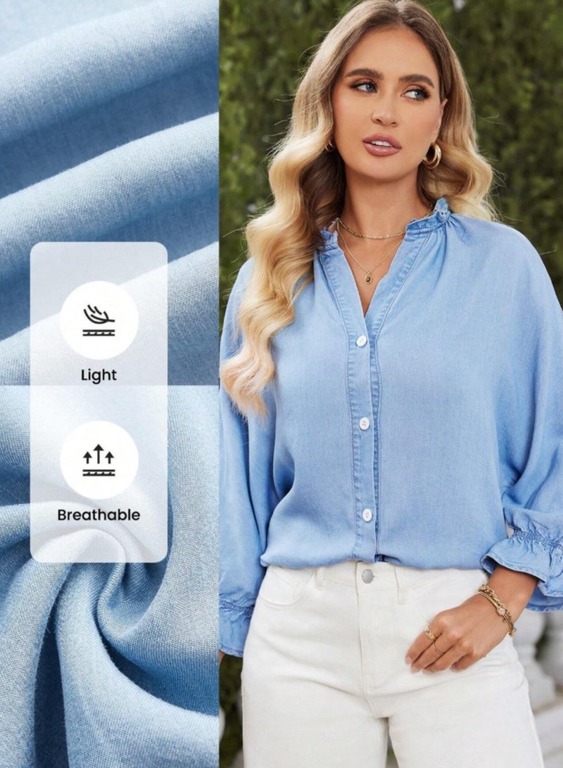 Shein Frenchy Women's Loose Fit Cropped Blouse with Three-Quarter Sleeves, Stand Collar, Blue Denim Effect - Image 1