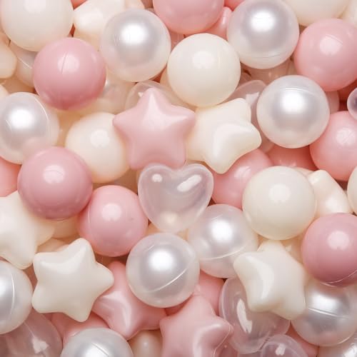 TRENDPLAYBall Pit Balls Star and Heart Shapes for Toddlers 100 Count Plastic Balls for Ball Pit Fun and Play Pink Beige Pearl White - Image 1