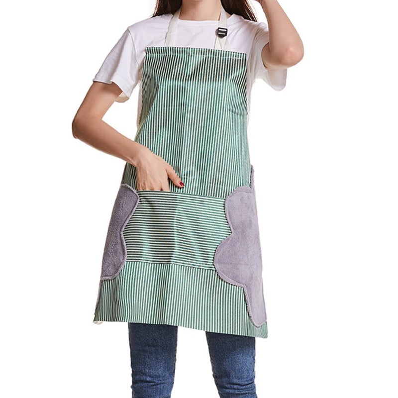 Krivety Kitchen Cooking Apron with Pocket 2 Towels Stitched Waterproof Adjustable Durable Stripe Kitchen Women Men Apron with Pockets Towels Adjustable Bib Apron