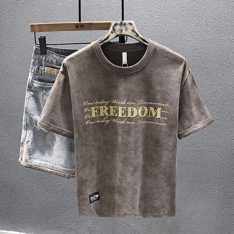 2024 Spring New Fashion Printed Short-Sleeved T-Shirt Men'S Heavy Cotton Loose Knitted Cloud Dyed T-Shirt - Image 2