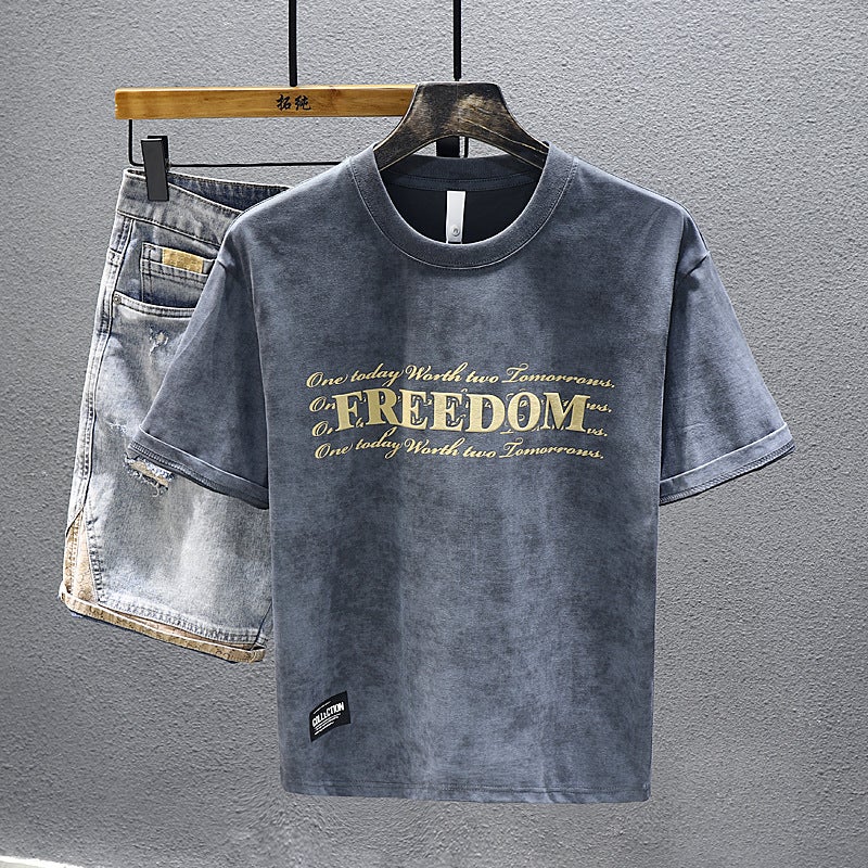 2024 Spring New Fashion Printed Short-Sleeved T-Shirt Men'S Heavy Cotton Loose Knitted Cloud Dyed T-Shirt - Image 5