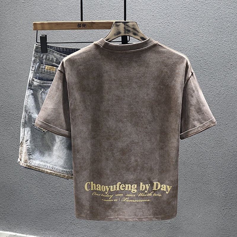 2024 Spring New Fashion Printed Short-Sleeved T-Shirt Men'S Heavy Cotton Loose Knitted Cloud Dyed T-Shirt - Image 3