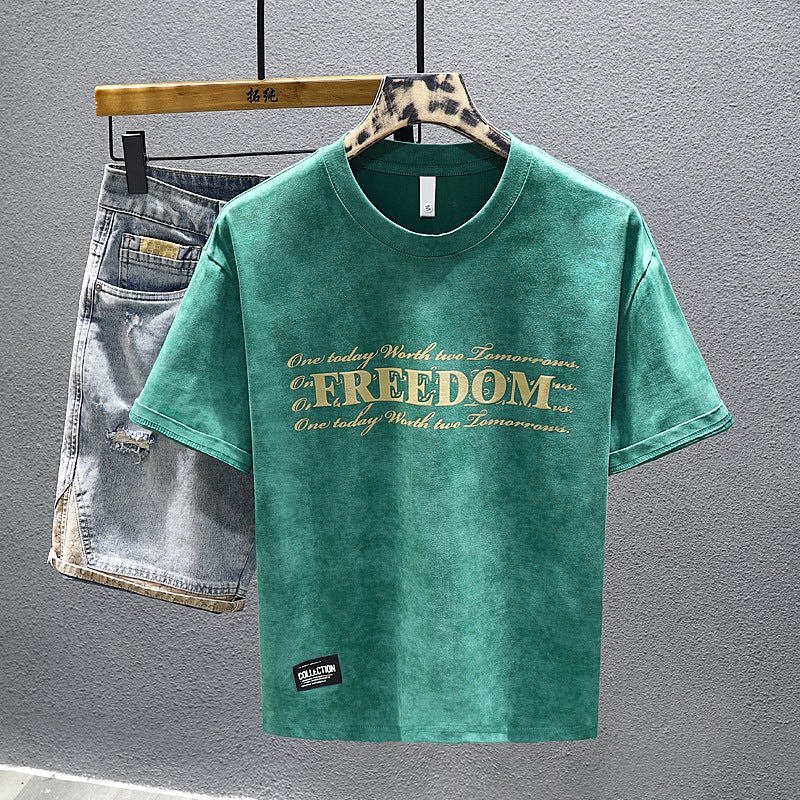 2024 Spring New Fashion Printed Short-Sleeved T-Shirt Men'S Heavy Cotton Loose Knitted Cloud Dyed T-Shirt - Image 4