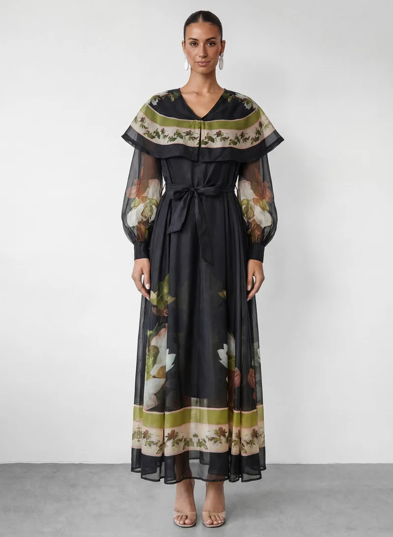 سنفير Dark Charm Black Floral Print Cape Collar Maxi Dress