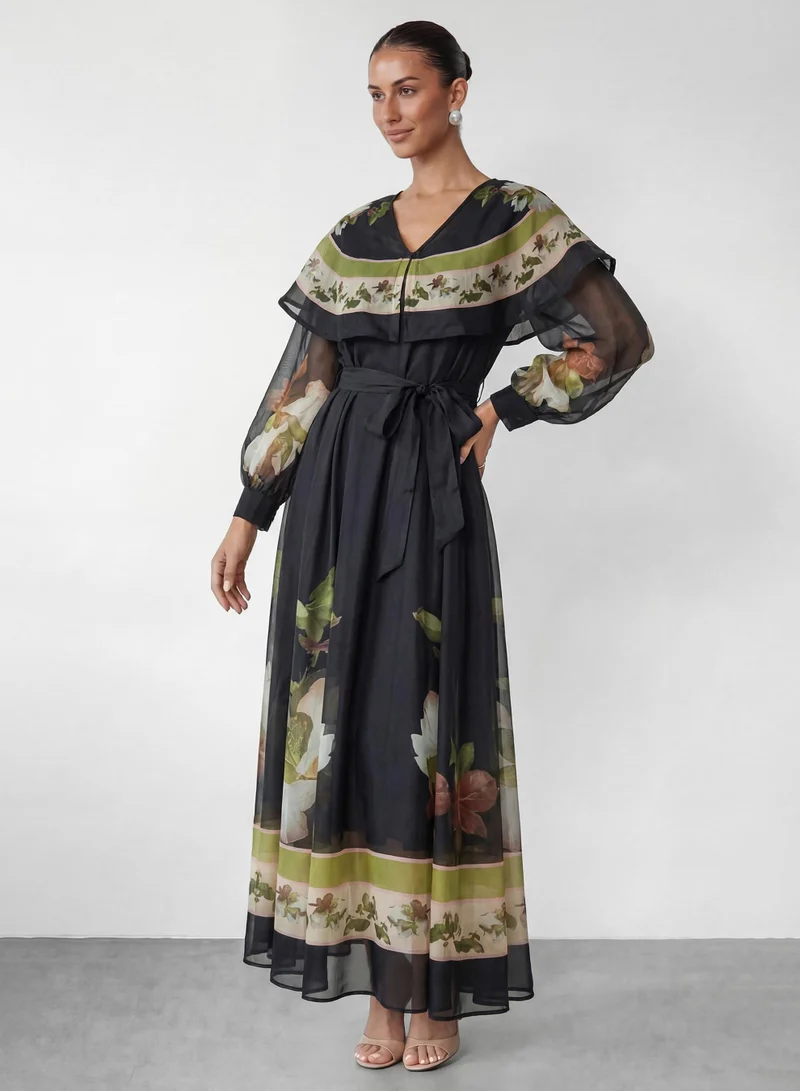 سنفير Dark Charm Black Floral Print Cape Collar Maxi Dress
