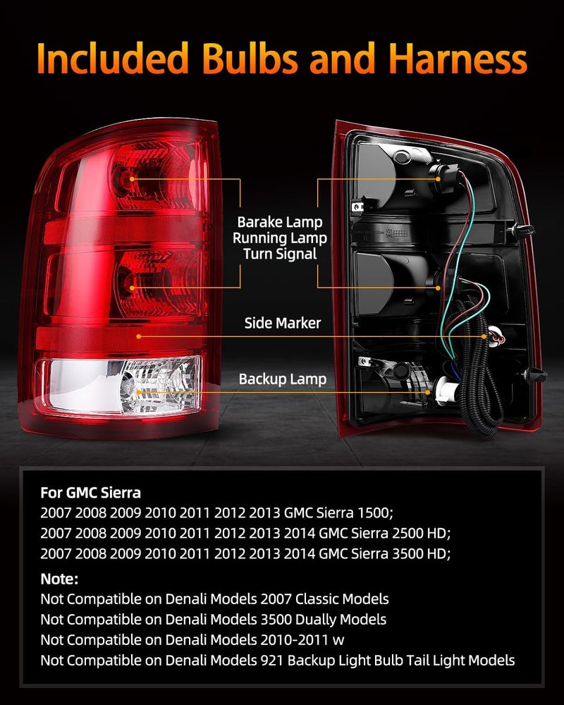 OKLPF Rear Brake Tail Light Assembly for 2007-2014 GMC Sierra 1500/2500HD/3500HD - Includes Bulbs and Harness - Image 2