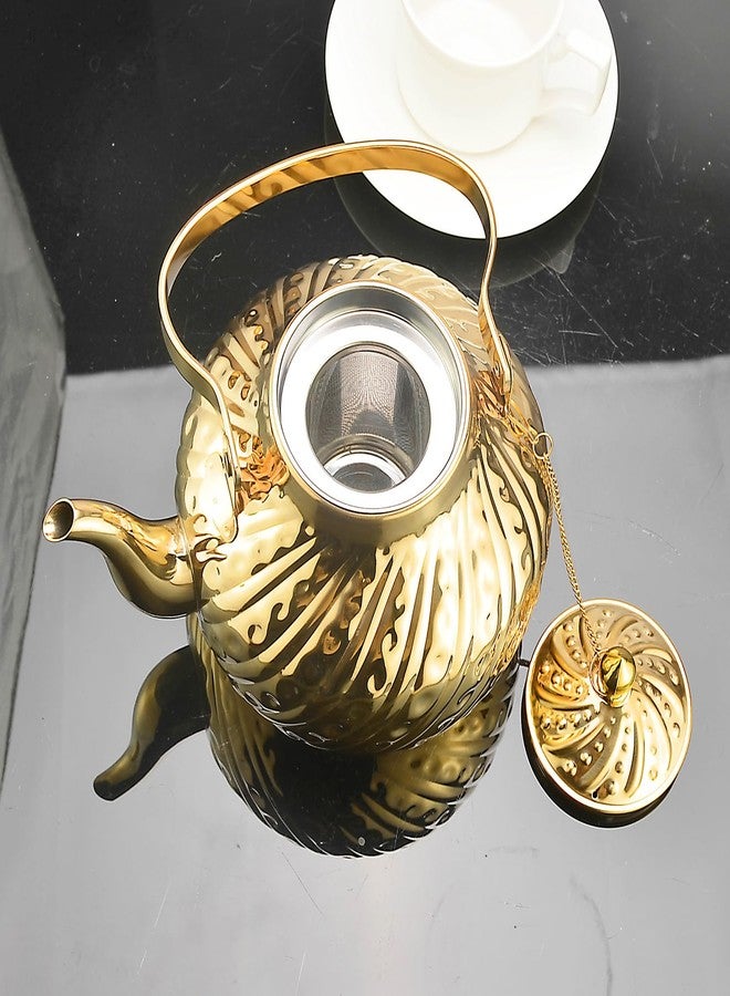SANQIAHOME إبريق شاي سانكيا هوم سعة 2000 مل مصنوع من الفولاذ المقاوم للصدأ بتصميم عتيق، مزود بمصفاة، وغلاية سميكة، ومقبض رفع، لون ذهبي - Image 5