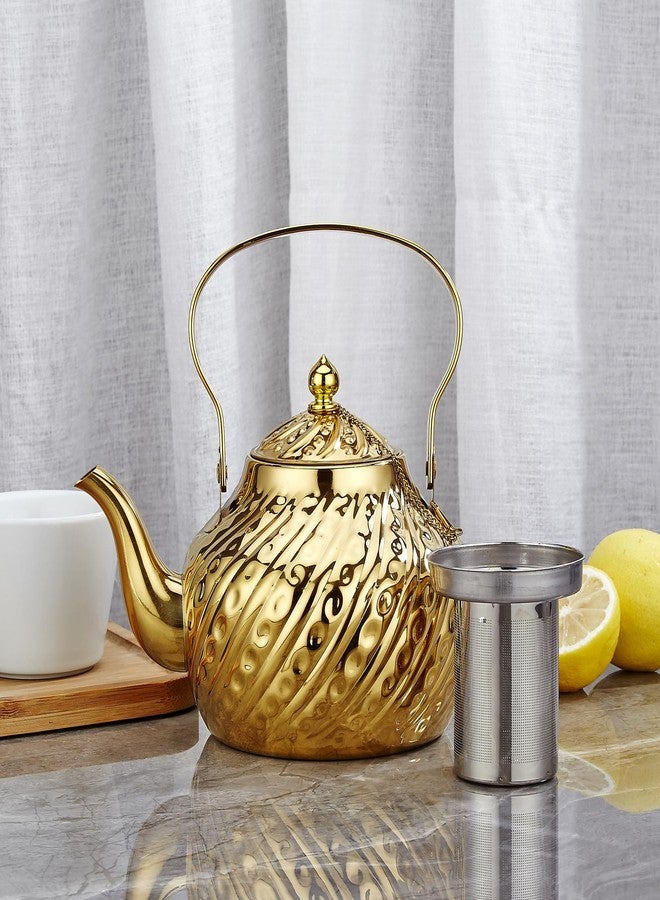 SANQIAHOME إبريق شاي سانكيا هوم سعة 2000 مل مصنوع من الفولاذ المقاوم للصدأ بتصميم عتيق، مزود بمصفاة، وغلاية سميكة، ومقبض رفع، لون ذهبي - Image 2