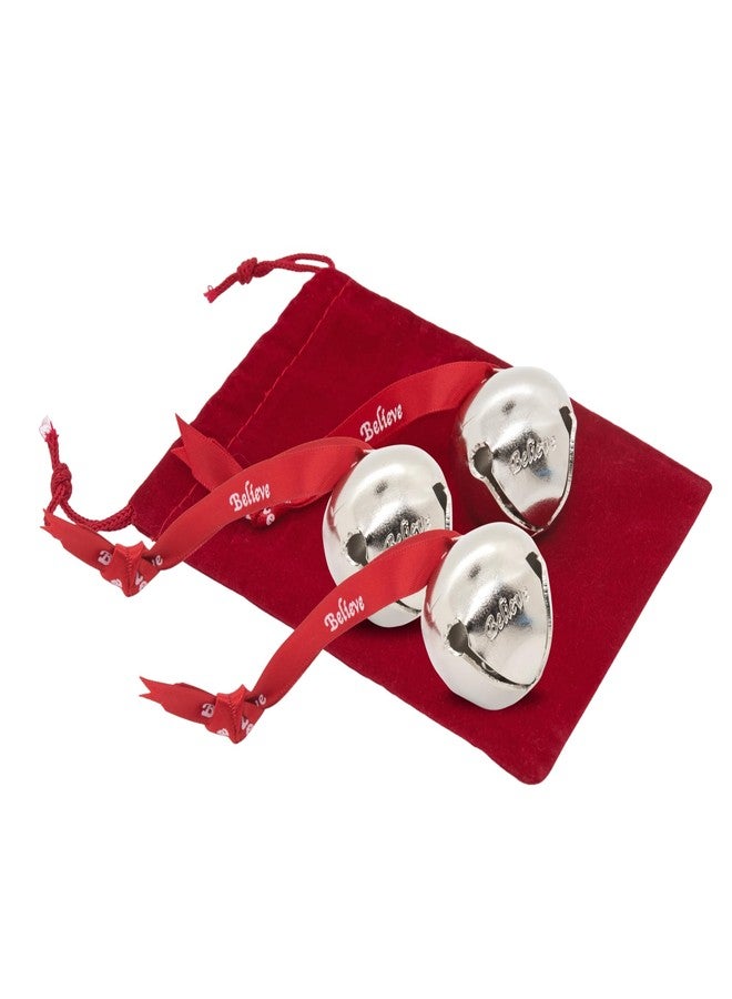 Bevin Bells Believe Sleigh Bells Ornament (3-Pack) | 1.5" Made of Steel | Hanging Bells with a Red Satin Believe Ribbon & Red Velvet Bag | Great Tone | Xmas Gift or Stocking Stuffer | Made in USA - Image 1