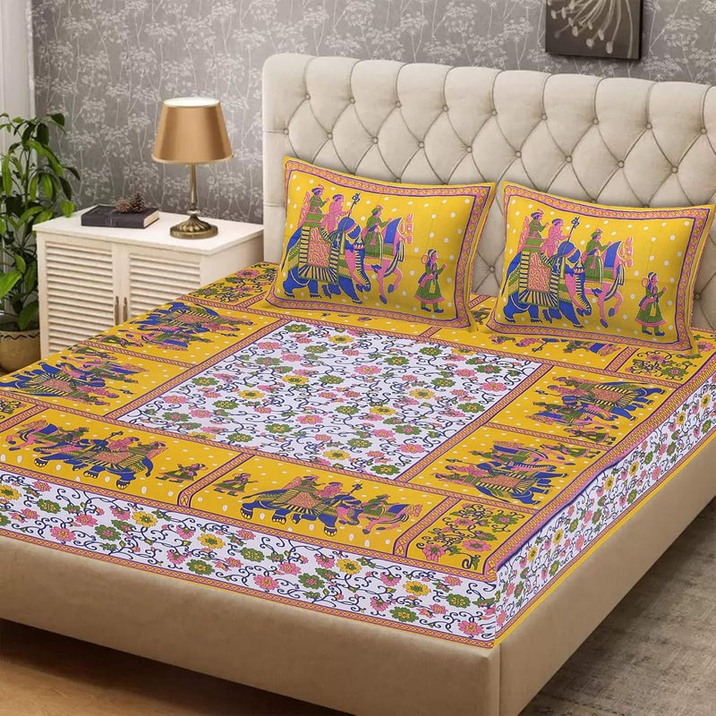 EarlyMart Cotton Comfort 144 TC Rajasthani Jaipuri Traditional Floral Double Bed Bedsheet with 2 Pillow Covers Double_048 Yellow King Size - Image 1