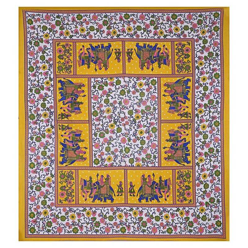 EarlyMart Cotton Comfort 144 TC Rajasthani Jaipuri Traditional Floral Double Bed Bedsheet with 2 Pillow Covers Double_048 Yellow King Size - Image 2