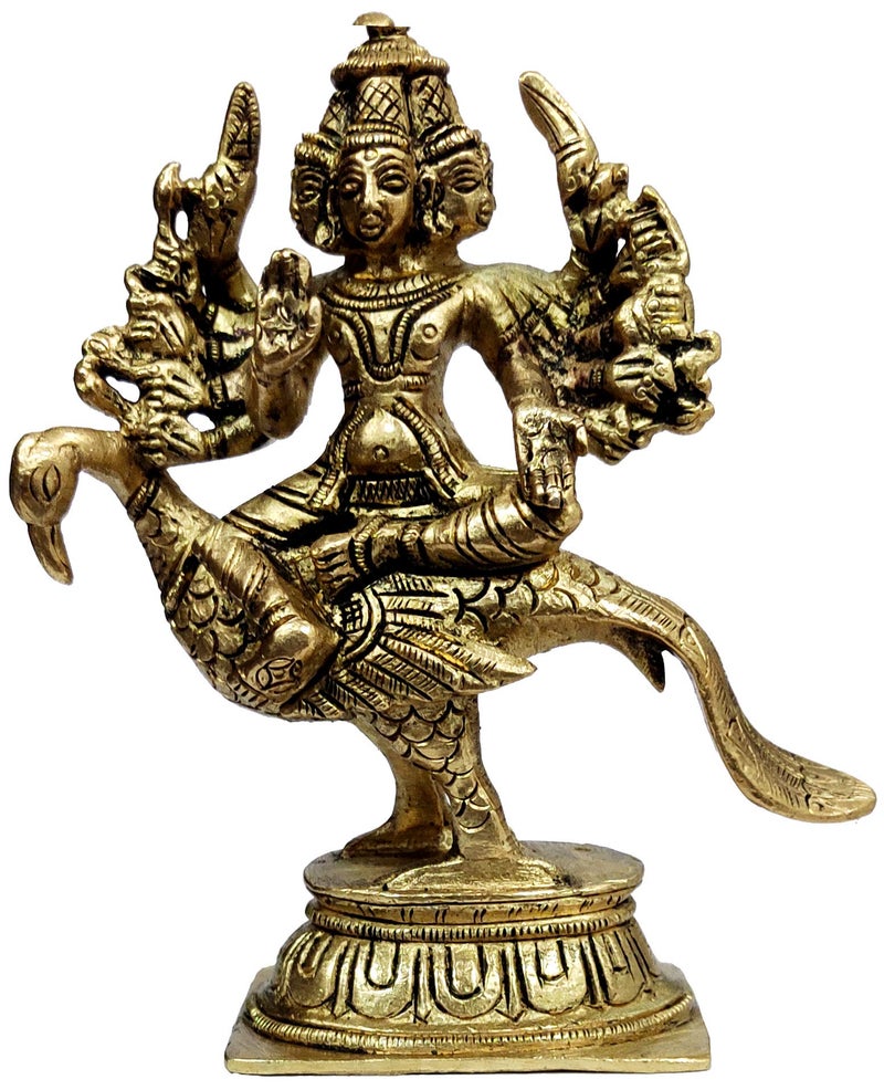 Purpledip Brass Statue Lord Murugan Karthikeya Warrior God Rare Collectible Statue with 6 Heads  12 Arms 12068
