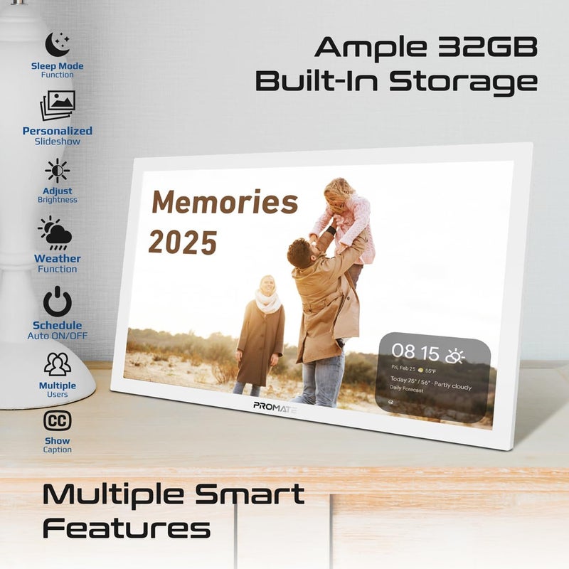 Promate Full HD Digital Photo Frame with 15.6-Inch Touchscreen, 32GB Storage, Wireless App Control, Multi Picture & Video Formats Compatibility, USB/TF Card Support, Dual Speakers, Memoria-15 White - Image 3