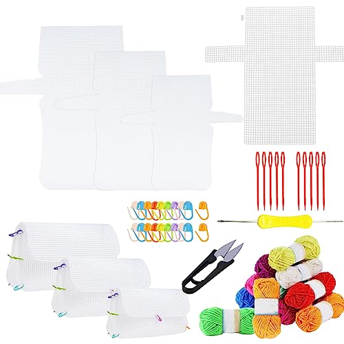Allazone 58 PCS Clear Plastic Mesh Canvas Sheets for Embroidery, Plastic Mesh Sheets Plastic Canvas with 12 Color Acrylic Yarn for DIY Sewing Bag - Image 1