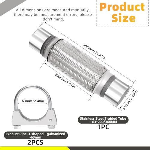 Mardatt 3Pcs Exhaust Flex Pipe Stainless Steel Exhaust Flex Pipe Double Braid Exhaust Flex Tube UBolt Clamp Stainless Steel Muffler UBolt Clamps for Cars Trucks Buses Pipes25 x 8 x 12 - Image 3