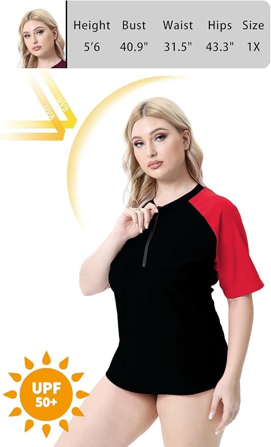 Halcurt Women's Plus Size Half Zip Short Sleeve Rash Guard Swim Top Loose Fit Swim Shirt UPF50+ Swimsuit Black Red 4X - Image 3