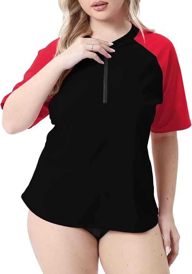 Halcurt Women's Plus Size Half Zip Short Sleeve Rash Guard Swim Top Loose Fit Swim Shirt UPF50+ Swimsuit Black Red 4X - Image 1