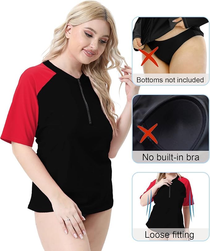 Halcurt Women's Plus Size Half Zip Short Sleeve Rash Guard Swim Top Loose Fit Swim Shirt UPF50+ Swimsuit Black Red 4X - Image 4