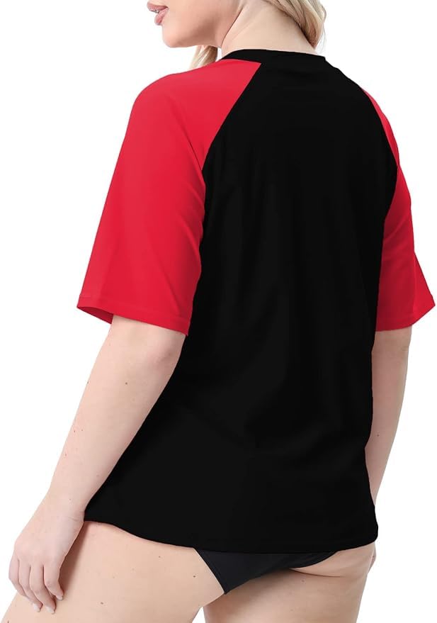 Halcurt Women's Plus Size Half Zip Short Sleeve Rash Guard Swim Top Loose Fit Swim Shirt UPF50+ Swimsuit Black Red 4X - Image 2