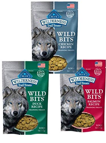 Blue Buffalo Wilderness Trail Treats GrainFree Wild Bits Dog Treats 3 Flavors Salmon Chicken Duck 4 Ounces Each 3 Total Pouches