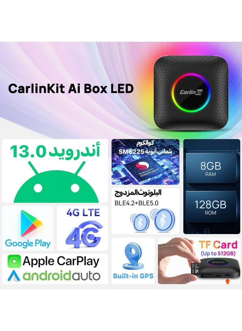 كار لينكيت - كارلينكت محول اندرويد 13 ايه اي بوكس اصدار LED، كوالكوم 8 نواة، 8+128GB، محول 3 في 1 مع شبكة اتصال خلوية 4G، بث فيديو، شريحة اتصال/بطاقة TF مدمجة، جوجل بلاي، فقط لسيارات كاربلاي السلكية. - Image 1