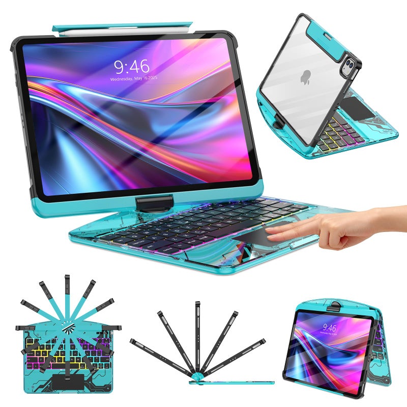 TSQQST Clear Wireless Keyboard Case for iPad Pro 13 Inch M5M4 20252024 with Pencil Holder MultiTouch Trackpad Visible PCB HighTech Style 3Brightness 7Color Backlight 360 Rotatable Blue - Image 2