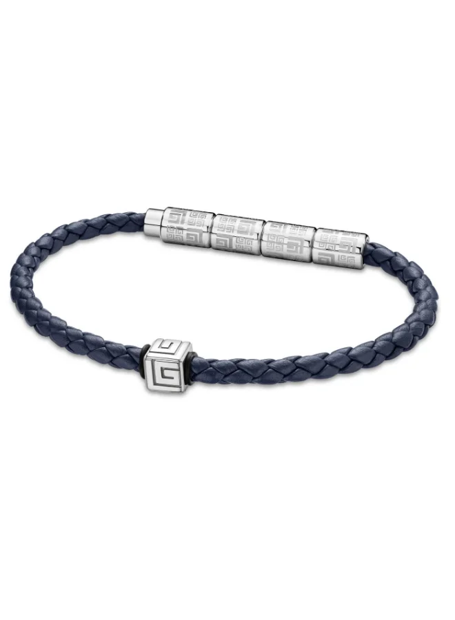 Guy Laroche Gabriel Silver Stainless Steel and Dark Blue Leather Bracelet for Men