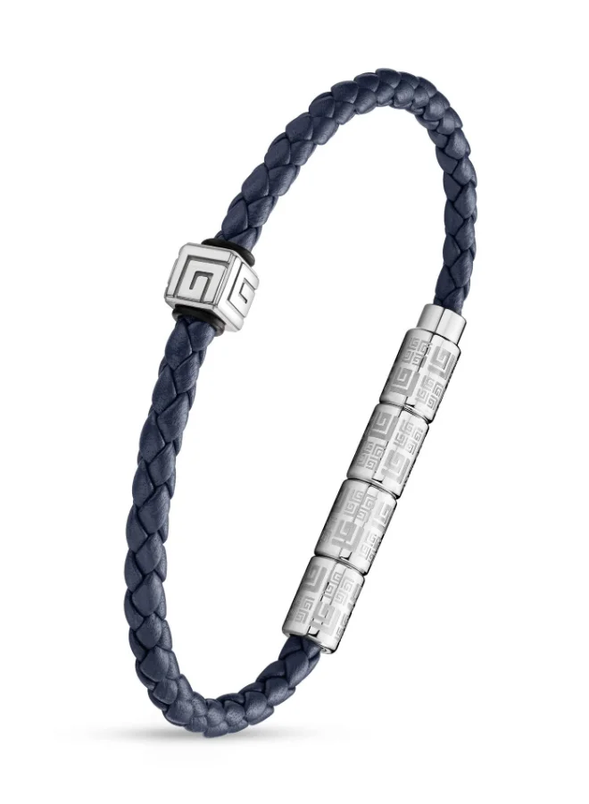 Guy Laroche Gabriel Silver Stainless Steel and Dark Blue Leather Bracelet for Men