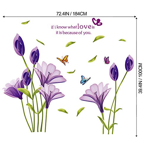 LiveGallery Beautiful Lovely Lily Flowers Wall Decals Removable DIY Butterfly Flower Vines Art Decor Wall Stickers Murals for Living Room TV Background Kids Gilrs Rooms Bedroom Decoration (Purple) - Image 5