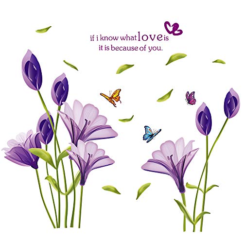 LiveGallery Beautiful Lovely Lily Flowers Wall Decals Removable DIY Butterfly Flower Vines Art Decor Wall Stickers Murals for Living Room TV Background Kids Gilrs Rooms Bedroom Decoration (Purple) - Image 2