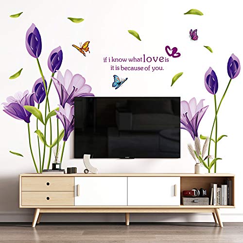 LiveGallery Beautiful Lovely Lily Flowers Wall Decals Removable DIY Butterfly Flower Vines Art Decor Wall Stickers Murals for Living Room TV Background Kids Gilrs Rooms Bedroom Decoration (Purple) - Image 1