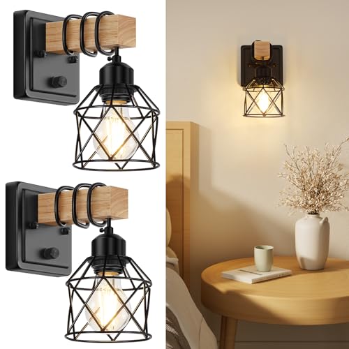 FadimiKoo Dimmable Wall Sconces Set of Two, Bedside Wall Mounted Lamp with Rotary Switch, Wooden Black Bathroom Light Fixtures with Metal Cage, Hardwired Farmhouse Wall Lights for Bedroom, Living Room - Image 1