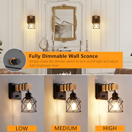 FadimiKoo Dimmable Wall Sconces Set of Two, Bedside Wall Mounted Lamp with Rotary Switch, Wooden Black Bathroom Light Fixtures with Metal Cage, Hardwired Farmhouse Wall Lights for Bedroom, Living Room - Image 4