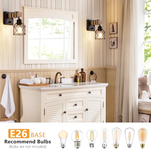 FadimiKoo Dimmable Wall Sconces Set of Two, Bedside Wall Mounted Lamp with Rotary Switch, Wooden Black Bathroom Light Fixtures with Metal Cage, Hardwired Farmhouse Wall Lights for Bedroom, Living Room - Image 5
