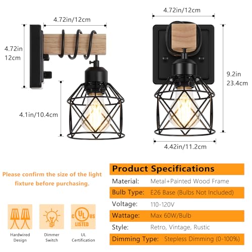 FadimiKoo Dimmable Wall Sconces Set of Two, Bedside Wall Mounted Lamp with Rotary Switch, Wooden Black Bathroom Light Fixtures with Metal Cage, Hardwired Farmhouse Wall Lights for Bedroom, Living Room - Image 2