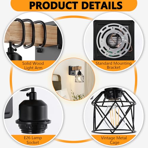 FadimiKoo Dimmable Wall Sconces Set of Two, Bedside Wall Mounted Lamp with Rotary Switch, Wooden Black Bathroom Light Fixtures with Metal Cage, Hardwired Farmhouse Wall Lights for Bedroom, Living Room - Image 3