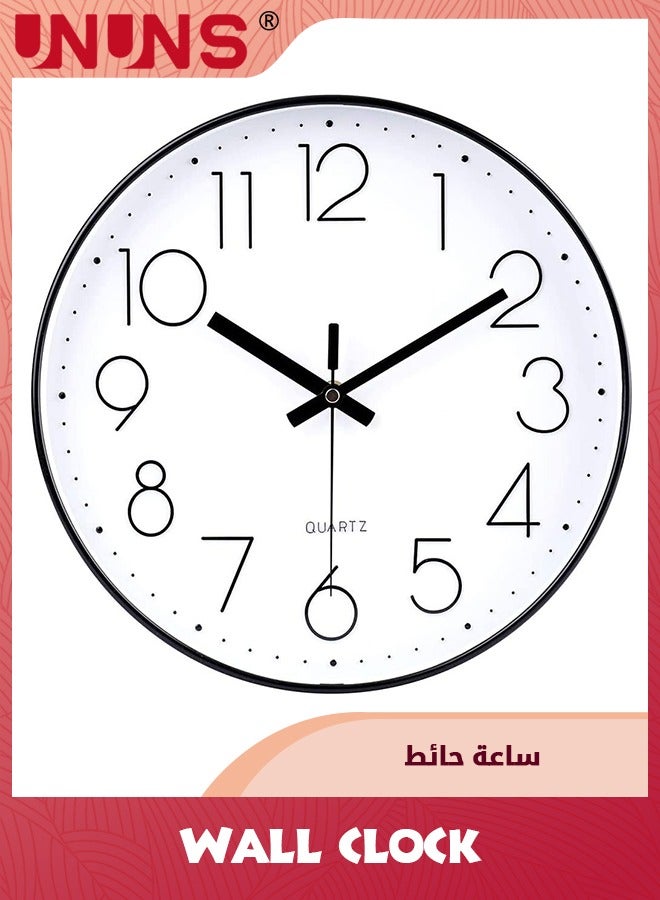 UNUNS ساعة حائط، ساعات حائط دائرية كوارتز عالية الجودة مقاس 12 بوصة، تعمل بالبطارية، سهلة القراءة، ساعة حائط صامتة لغرفة النوم/غرفة المعيشة/المطبخ/المكتب/المدرسة/ديكور المنزل، أسود - Image 1