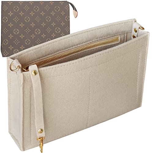 Soyizom Toiletry Pouch 19 26 Bag Organizer Insert for Cosmetics Tidy Organizer,Felt Purse Organizer Insert Ladies Tote Handbag Liner Pocket Organizer with Keychain & Gold Buckle & Zip(Large-26,Beige) - Image 1