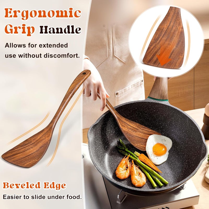 MemoGem Wooden Spatula for Cooking, Acacia Wood Flat Frying Spatulas, Long Handle Spatula Turner for Non Stick Pans, Non-Scratch, Wooden Kitchen Utensils for Cooking, Frying, Baking - Image 2