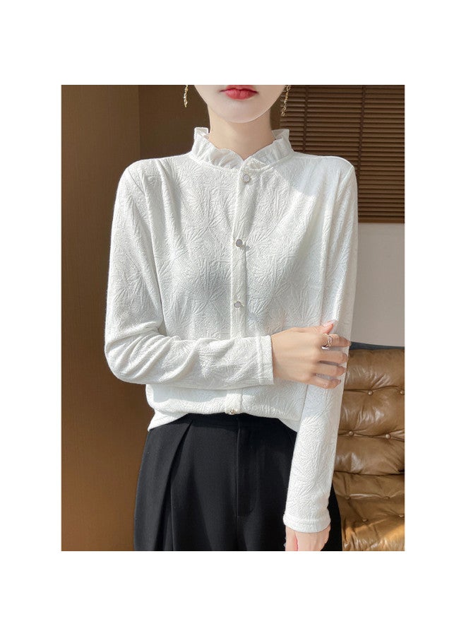 XINYANG French Lace Blouse For Women 2025 Early Autumn Wood Ear Collar Knitted Long Sleeve Semi-High Neck Inner Wear Base Layer Top - Image 4