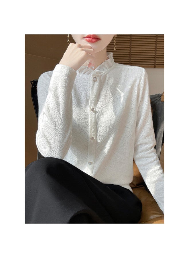 XINYANG French Lace Blouse For Women 2025 Early Autumn Wood Ear Collar Knitted Long Sleeve Semi-High Neck Inner Wear Base Layer Top - Image 3