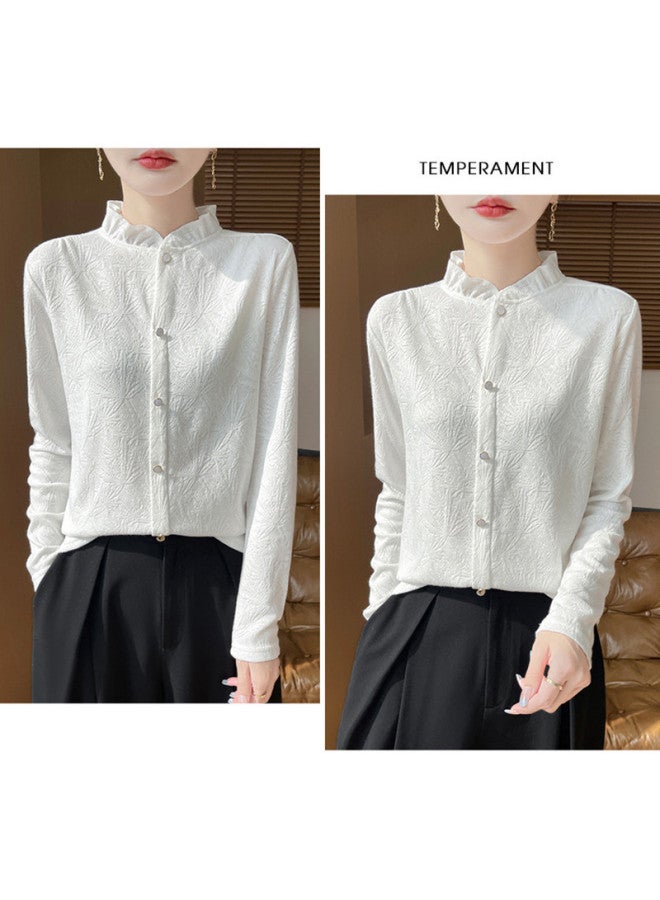 XINYANG French Lace Blouse For Women 2025 Early Autumn Wood Ear Collar Knitted Long Sleeve Semi-High Neck Inner Wear Base Layer Top - Image 5