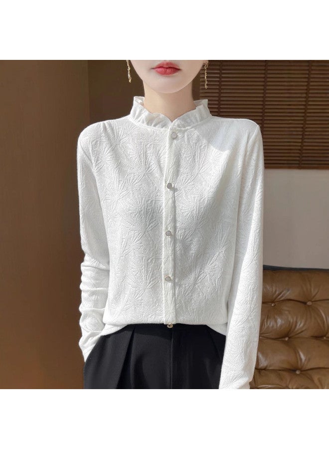 XINYANG French Lace Blouse For Women 2025 Early Autumn Wood Ear Collar Knitted Long Sleeve Semi-High Neck Inner Wear Base Layer Top - Image 2
