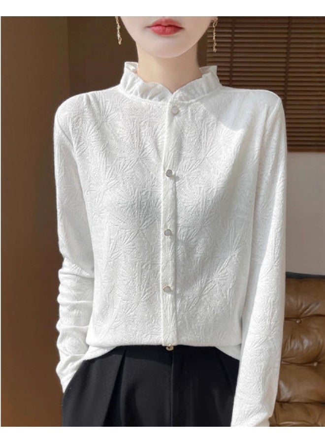 XINYANG French Lace Blouse For Women 2025 Early Autumn Wood Ear Collar Knitted Long Sleeve Semi-High Neck Inner Wear Base Layer Top - Image 1