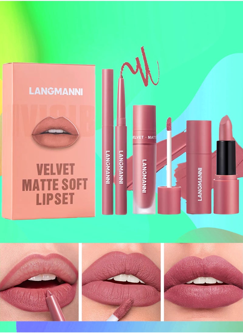 LANGMANNI - 3 in 1 Matte Soft Lip Set Lip Liner Liquid Lip Gloss and Lipstick Combo Set Soft Smooth Natural Lip Contour Set Waterproof and Long Lasting Effect All in One Lip Makeup Gift Set 04 - Image 1