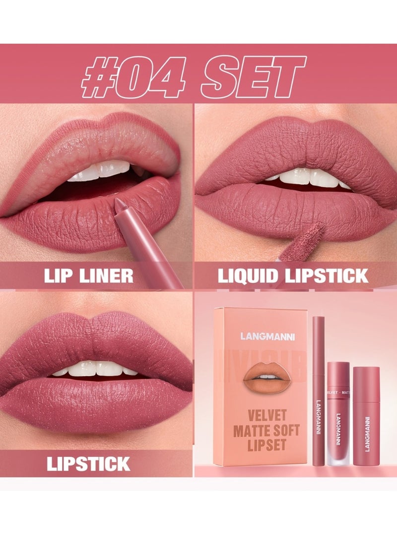 LANGMANNI - 3 in 1 Matte Soft Lip Set Lip Liner Liquid Lip Gloss and Lipstick Combo Set Soft Smooth Natural Lip Contour Set Waterproof and Long Lasting Effect All in One Lip Makeup Gift Set 04 - Image 1